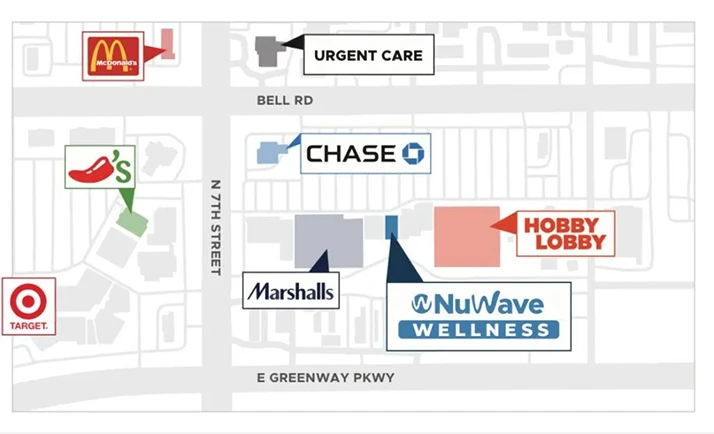Chiropractic Phoenix AZ Directions A map directing patients to the NuWave Wellness clinic, between the Marshalls and Hobby Lobby